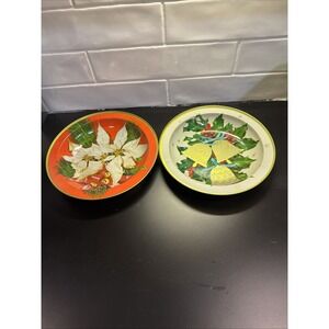 2 VTG 60's Christmas Motif Round Cocktail Serving Bowls White Poinsettia Holly